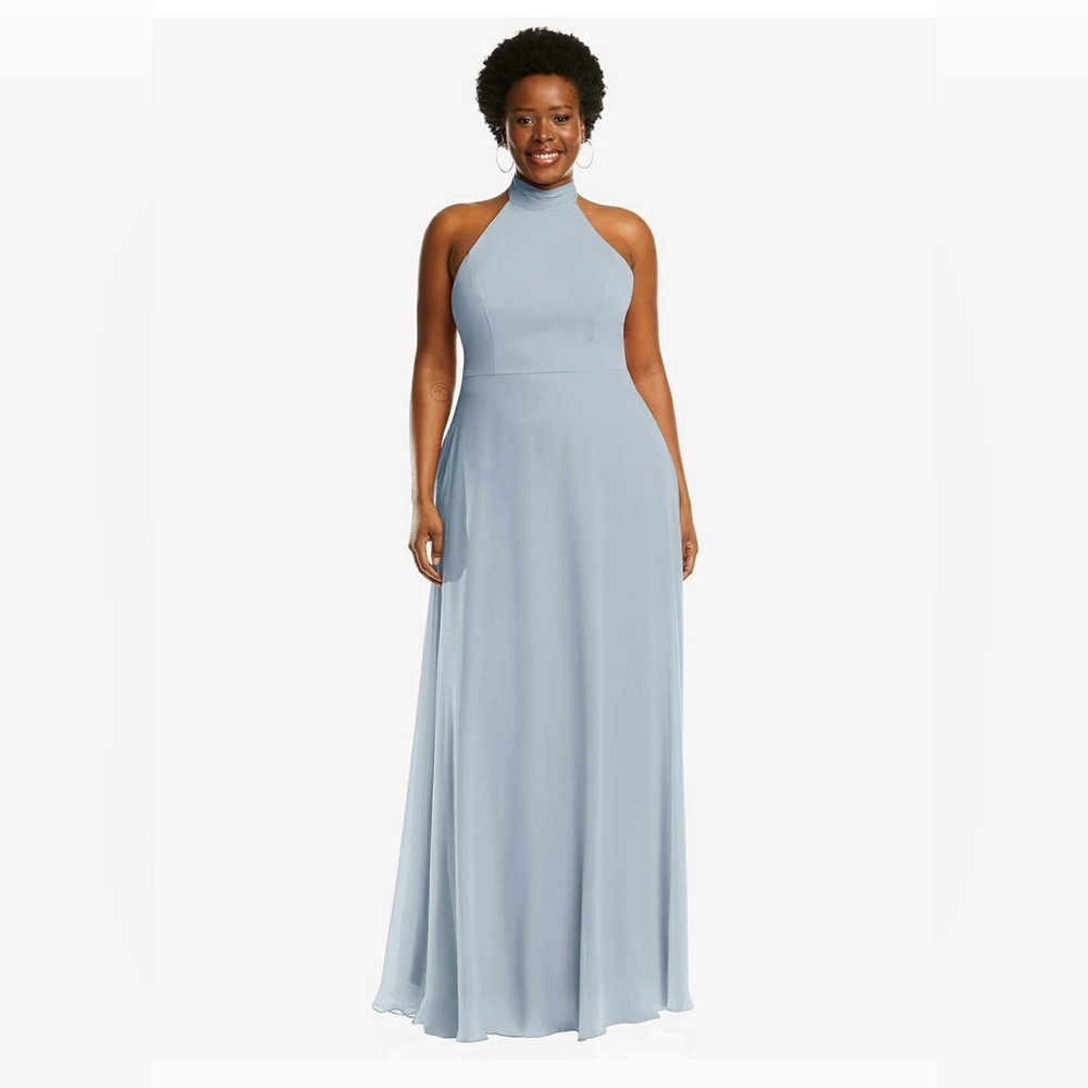 New After Six HIGH NECK HALTER BACKLESS MAXI DRESS IN MIST Size 14R Mist Blue - Picture 5 of 7
